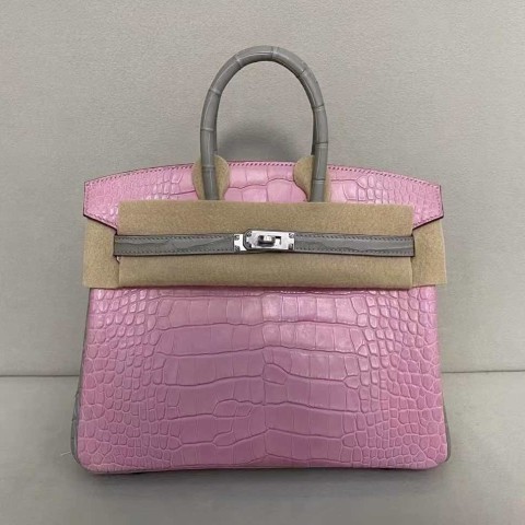 Hermès Birkin 25 Crocodile Rose Sakura with Gris Asphalte Strap and Palladium Hardware