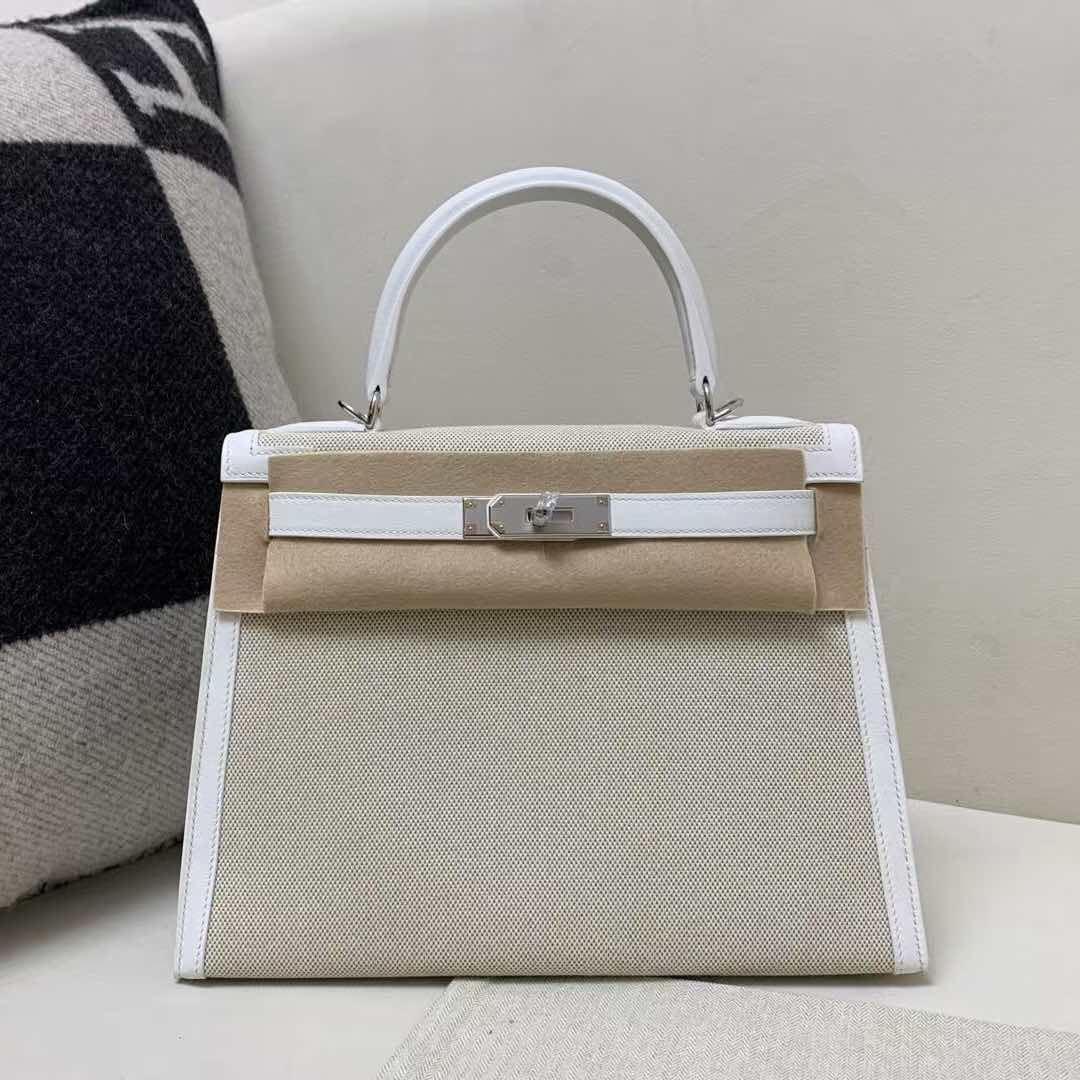 Hermès Kelly 25 Ecru Toile & Veau Togo Blanc Argent 
