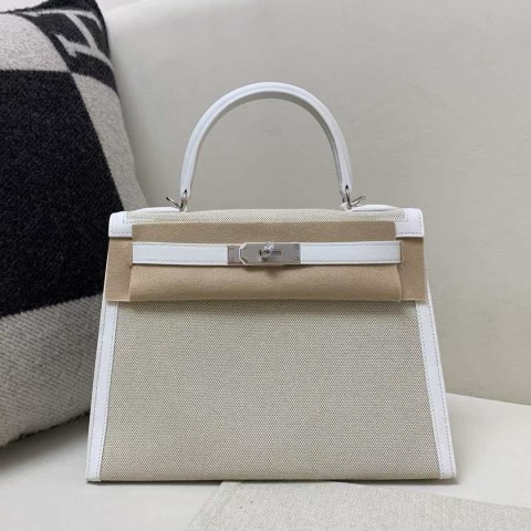 Hermès Kelly 25 Ecru Toile & Veau Togo Blanc Argent 