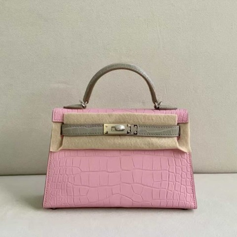  Hermès Kelly Mini II 20 Matte Alligator Rose Sakura & Gris Perle with Palladium Hardware