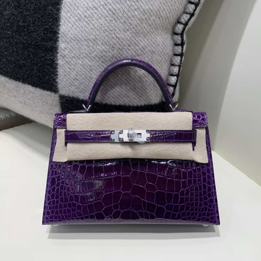 Hermès Kelly Mini II 20 Shiny Niloticus Crocodile Amethyst with Palladium Hardware