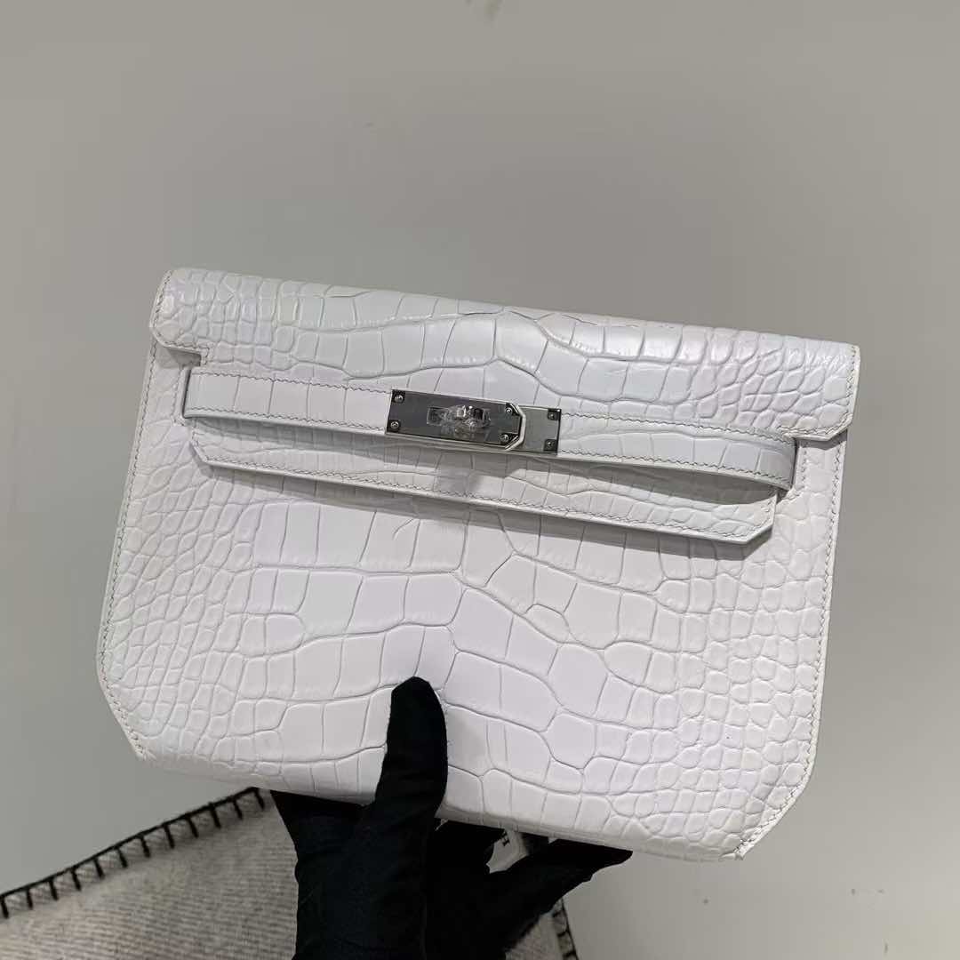 Hermès Dépêches 25 White Shiny Alligator with Palladium Hardware