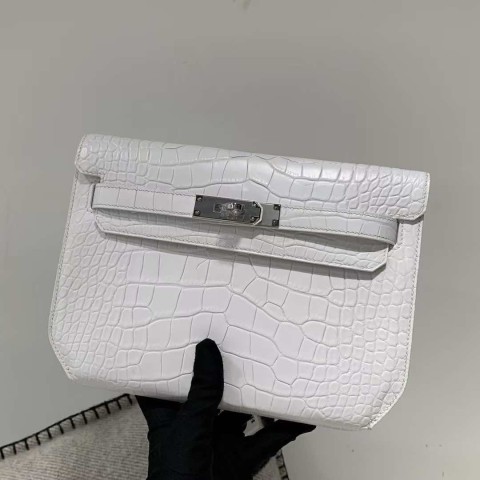 Hermès Dépêches 25 White Shiny Alligator with Palladium Hardware