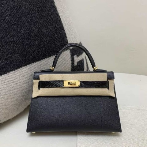 Hermès Kelly Mini II Touch 20 Sellier Noir Epsom & Black Lizard with Gold Hardware