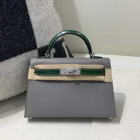 Hermès Kelly Mini II 20 Touch Epsom Gris Etain with Shiny Alligator Vert Cypress & Palladium Hardware