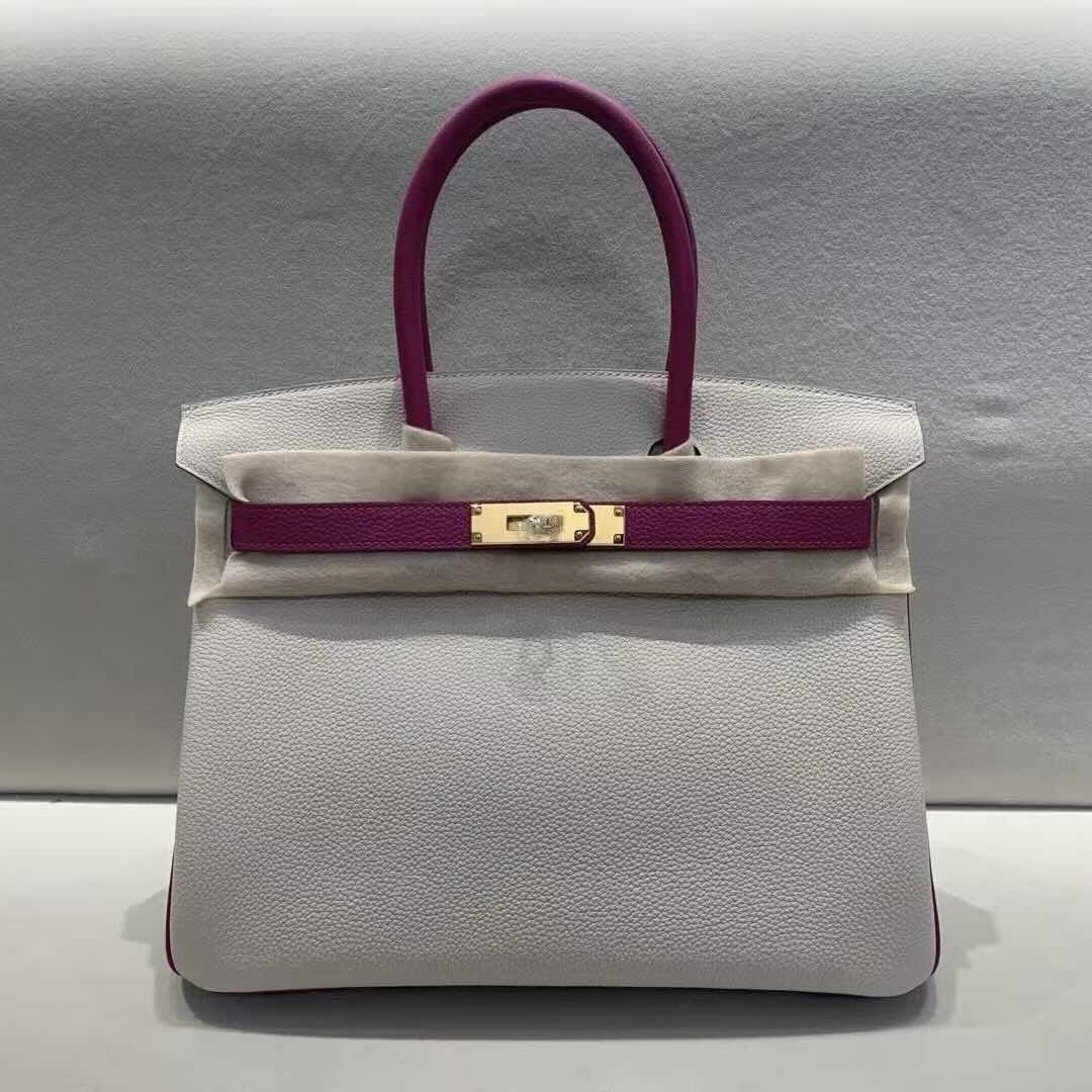 Hermès Birkin 30 Togo White & Rose Pourpre with Gold Hardware