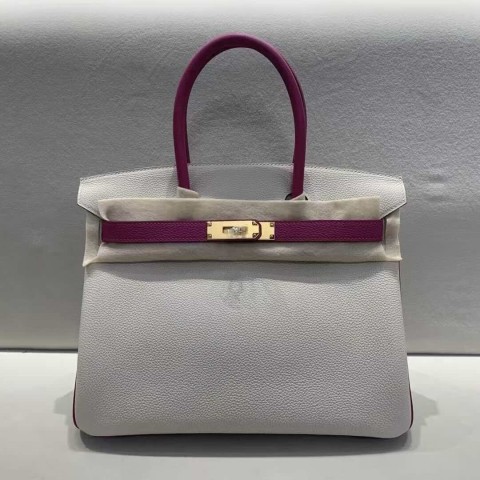 Hermès Birkin 30 Togo White & Rose Pourpre with Gold Hardware