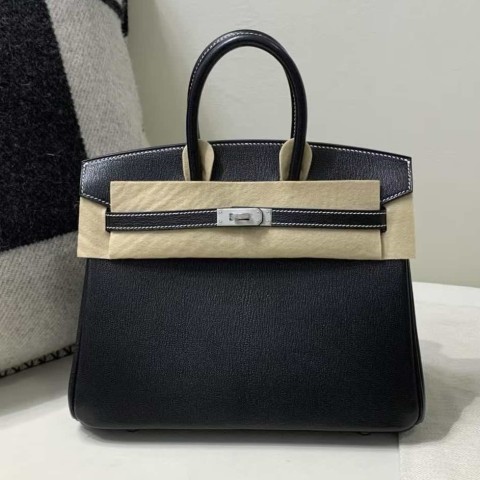 Hermès Birkin 25 Epsom Noir with White Stitch & Palladium Hardware