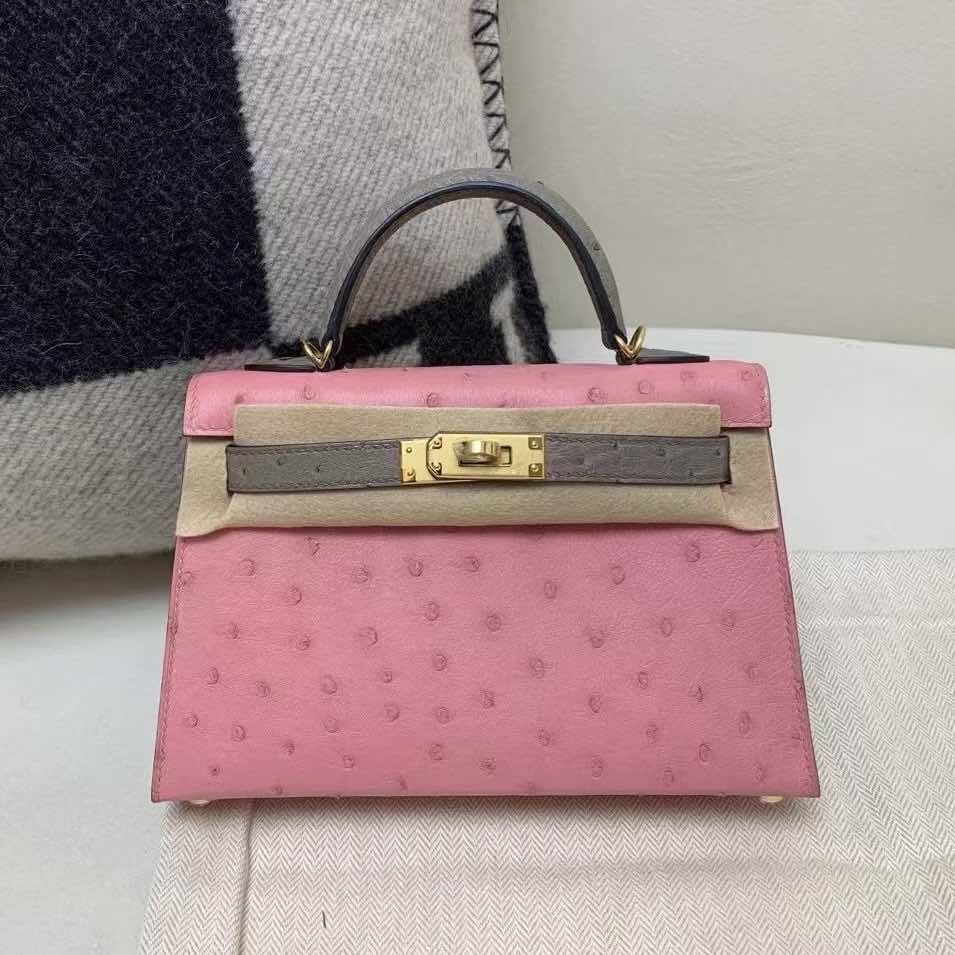 Hermès Mini Kelly II 20 Ostrich Rose Sakura with Etoupe Trim and Gold Hardware