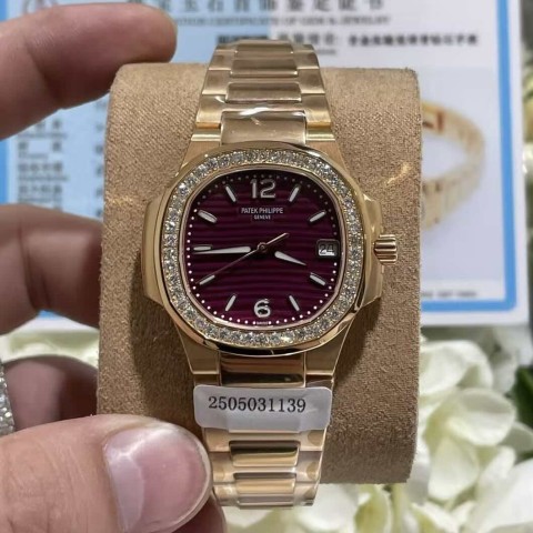 커스텀 18K 로즈 골드 랩다이아 파텍필립 노틸러스 7010 시계 32mm