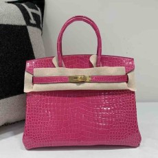 Hermès Birkin 30 Shiny Alligator Rose Shocking Gold Hardware