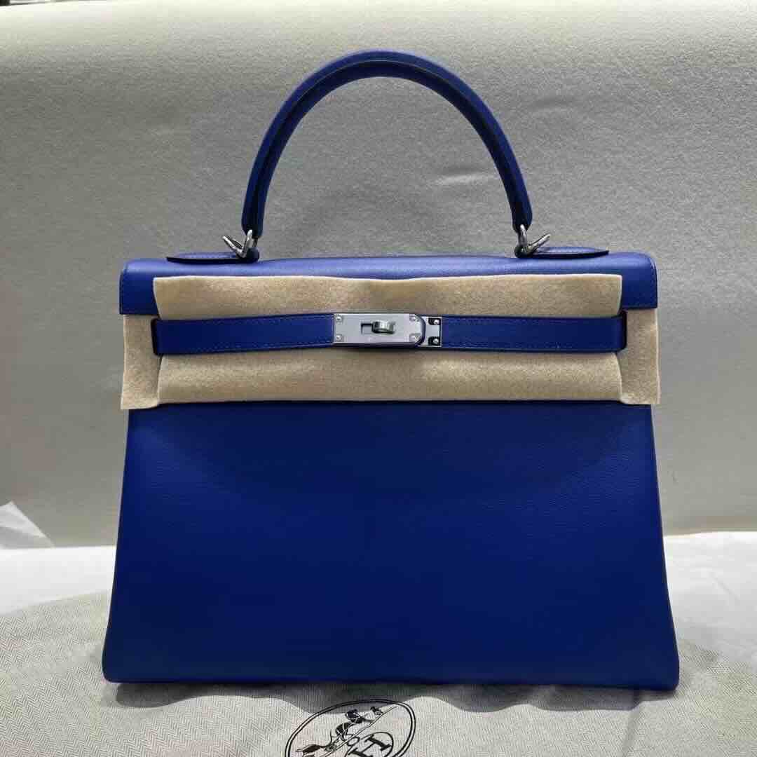Hermès Kelly 28 Retourne Swift Blue Electrique Palladium Hardware