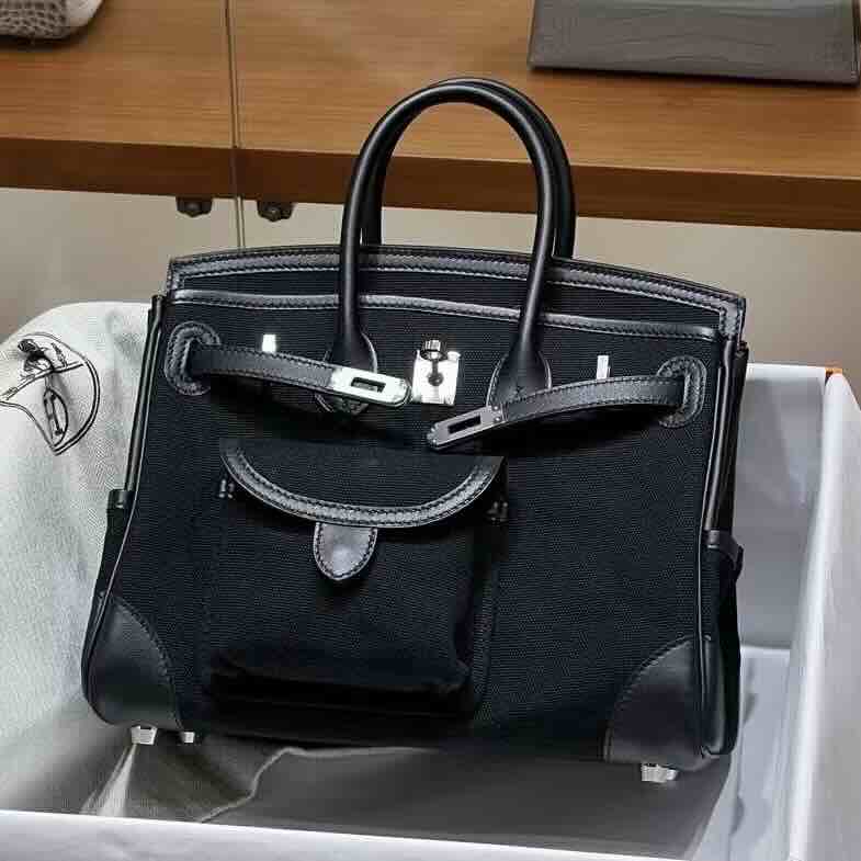 Hermès Birkin 25 Cargo Black Toile x Swift Leather Palladium Hardware