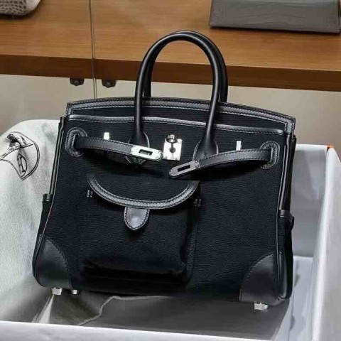 Hermès Birkin 25 Cargo Black Toile x Swift Leather Palladium Hardware