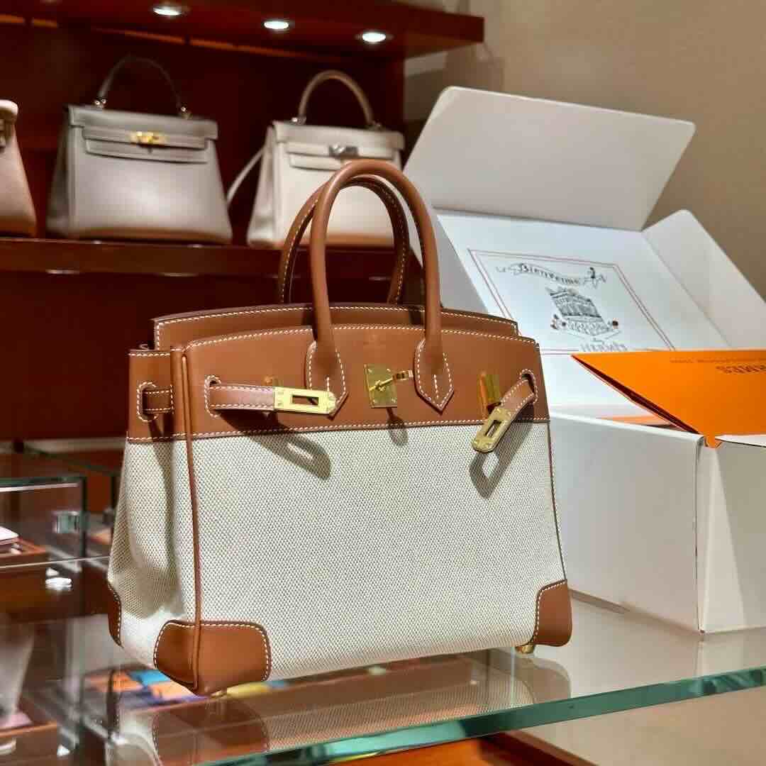 Hermès Birkin 30 Toile Goéland & Swift Gold / Gold Hardware