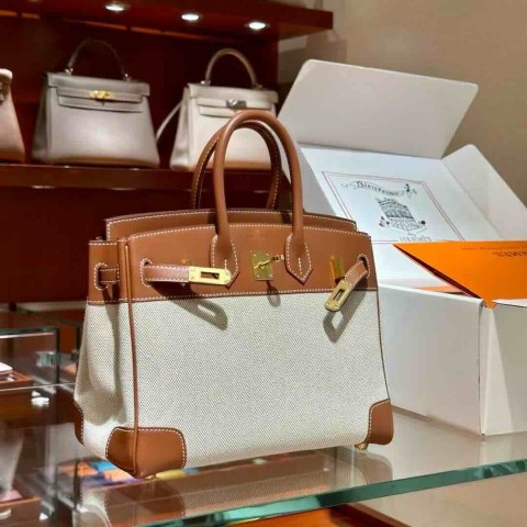 Hermès Birkin 30 Toile Goéland & Swift Gold / Gold Hardware