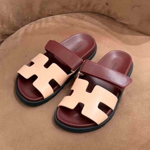 Hermès Egerie Sandals Bordeaux & Natural Calfskin