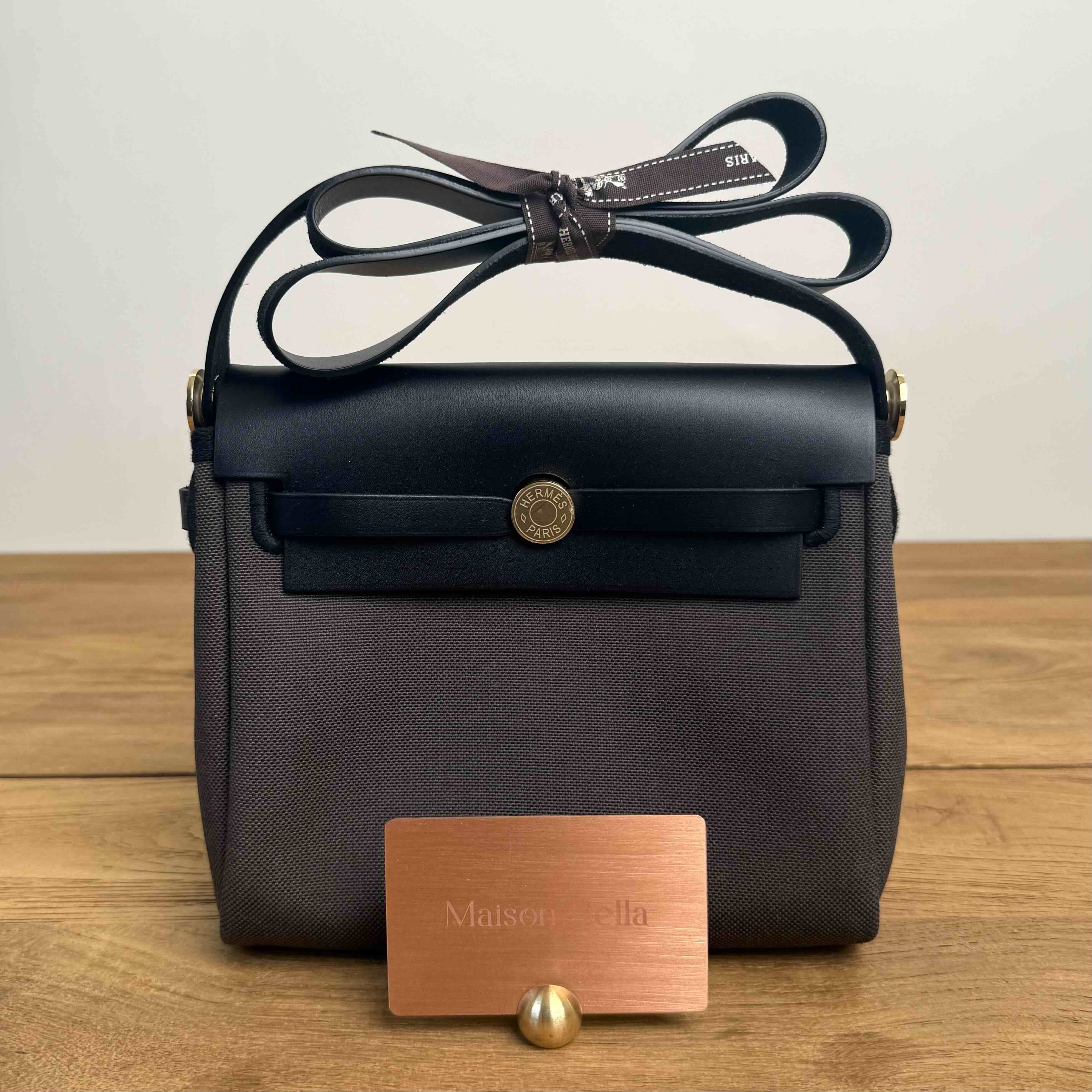 Hermès Mini Herbag in Vert de Gris Canvas and Vache Hunter with Palladium Hardware
