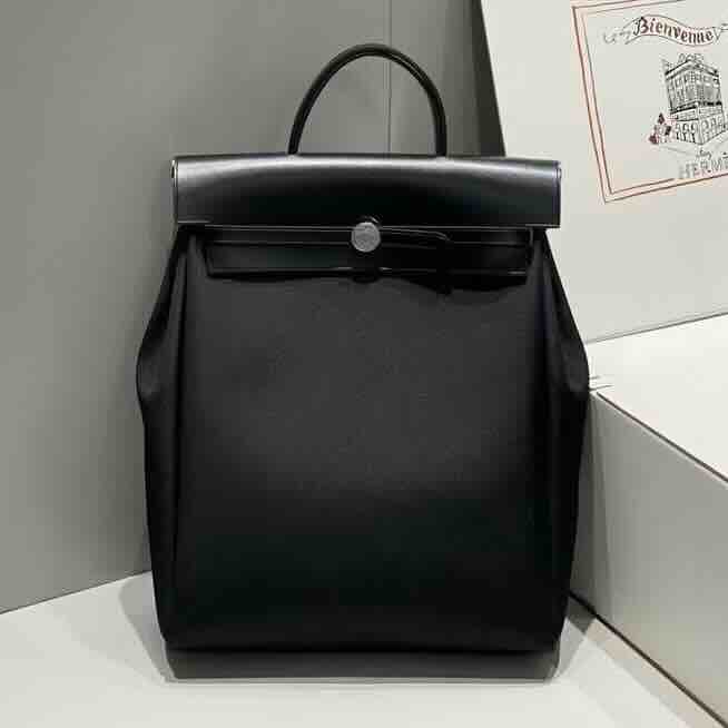 Hermès Herbag A Dos Backpack 30 Black Canvas x Leather Palladium Hardware