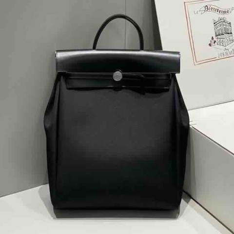 Hermès Herbag A Dos Backpack 30 Black Canvas x Leather Palladium Hardware