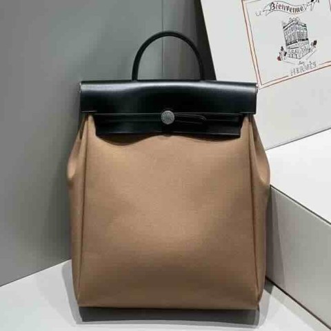 Hermès Herbag A Dos Backpack 30 Etoupe x Black Canvas x Leather Palladium Hardware