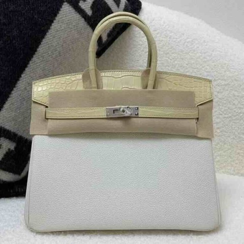 Hermès Birkin 25cm Togo & Crocodile Leather Mushroom White & Vanilla / Palladium Hardware