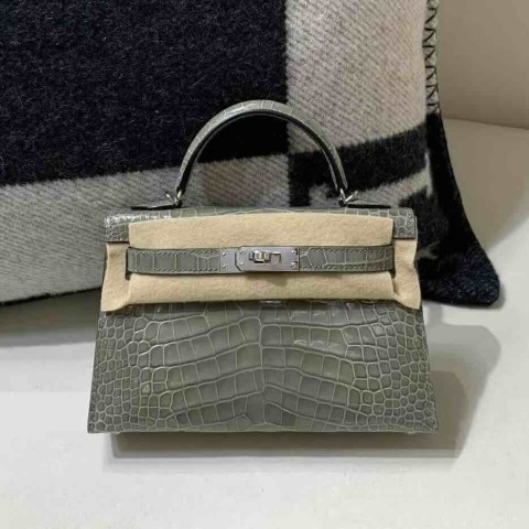 Hermès Mini Kelly II Shiny Alligator Dove Grey / Palladium Hardware