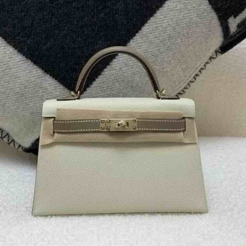 Hermès Mini Kelly II Epsom Leather Milky White & Etoupe / Champagne Gold Hardware