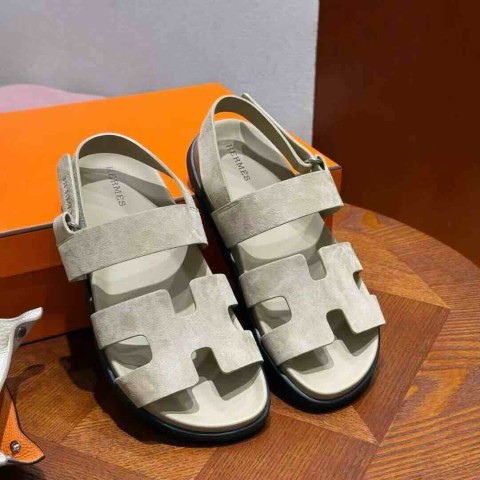 Hermès Genius Sandals Chamois Suede Beige Linen / Rubber Sole / Size 34–42