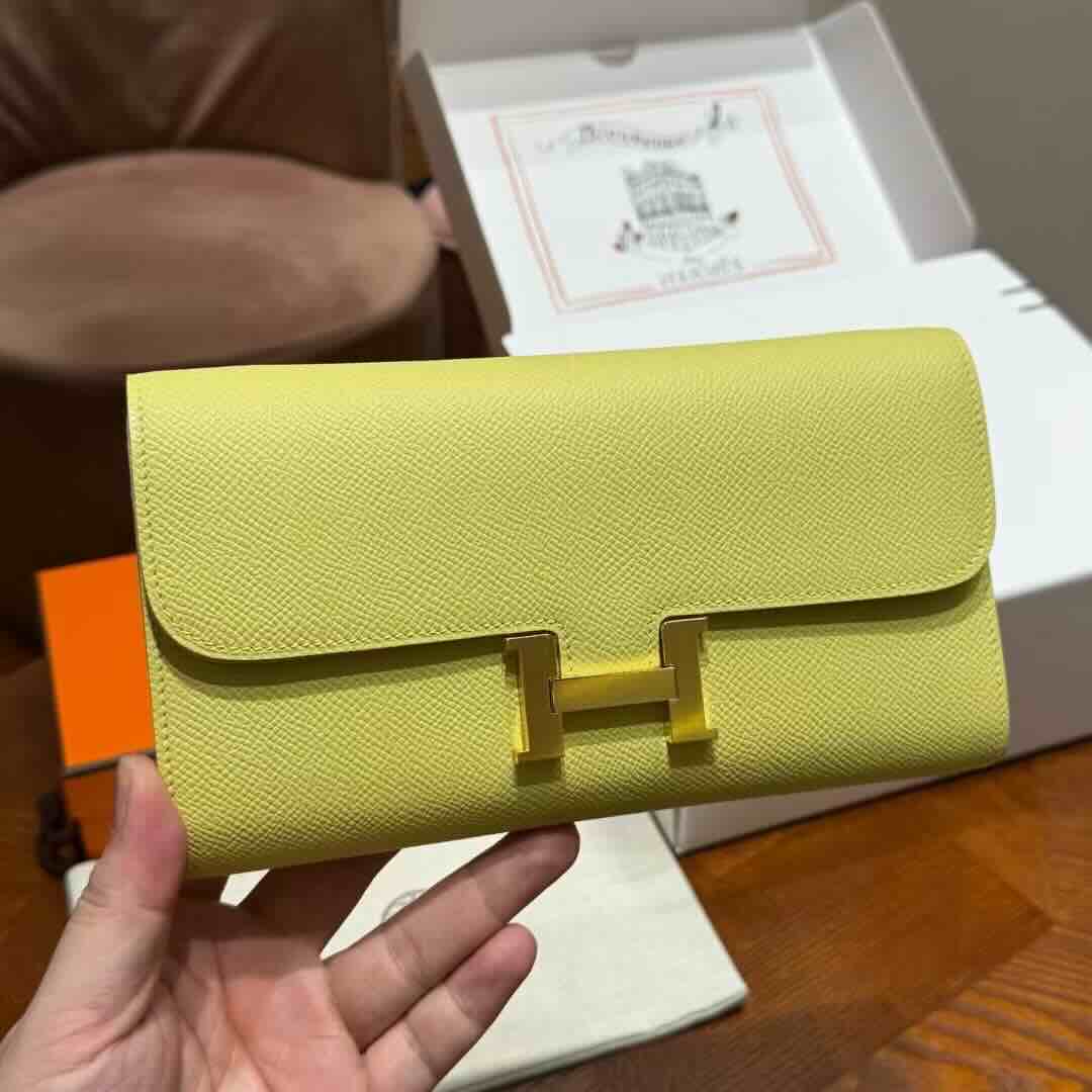 Hermès Constance Long To Go Wallet Epsom Leather Jaune Poussin (Chick Yellow) / 20.5×13×2cm