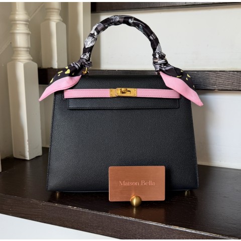 Hermès Kelly25 Epsom Noir x Rose Confetti x Gold hardwear