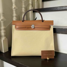 Hermès Herbag 31 Glacier White x Gold Brown Canvas & Leather / Palladium Hardware