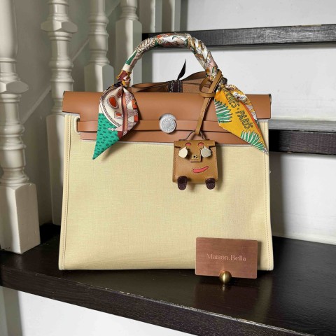 Hermès Herbag 31 Glacier White x Gold Brown Canvas & Leather / Palladium Hardware
