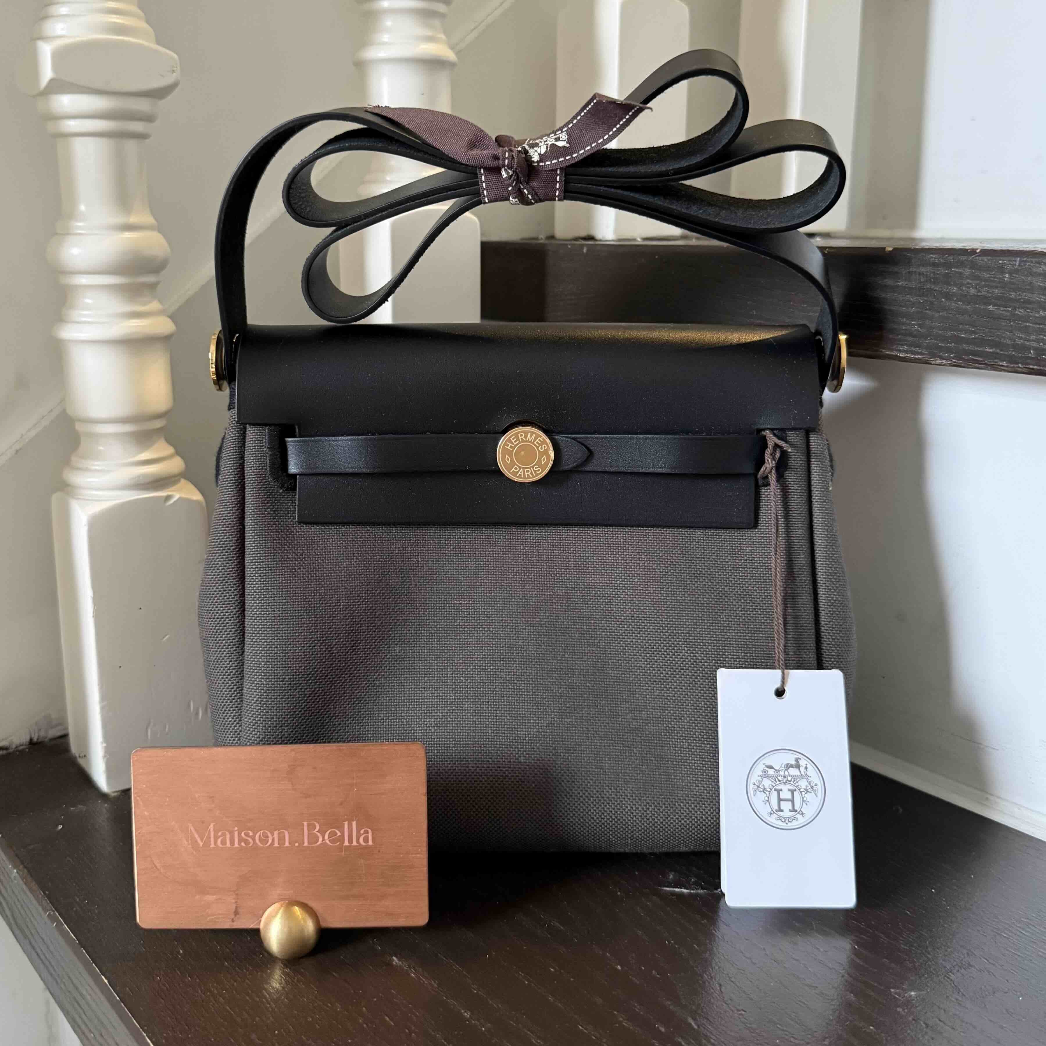 Hermès Mini Herbag in Vert de Gris Canvas and Vache Hunter with Palladium Hardware