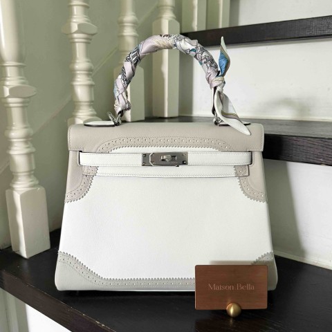 Hermès Ghillies Kelly25 Gris Perle x Blanc x PHW