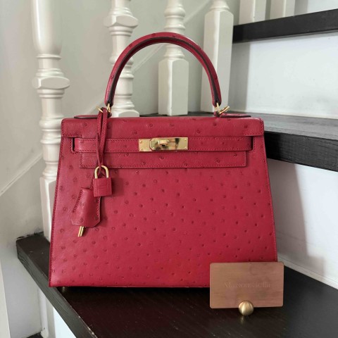 Hermès Kelly28 Sellier Ostrich Rouge Vif x Gold Hardware (HSS)