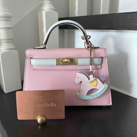 Hermès Mini Kelly II Sellier Misore Rose Sakura x Blue Brume x Gold Hardware