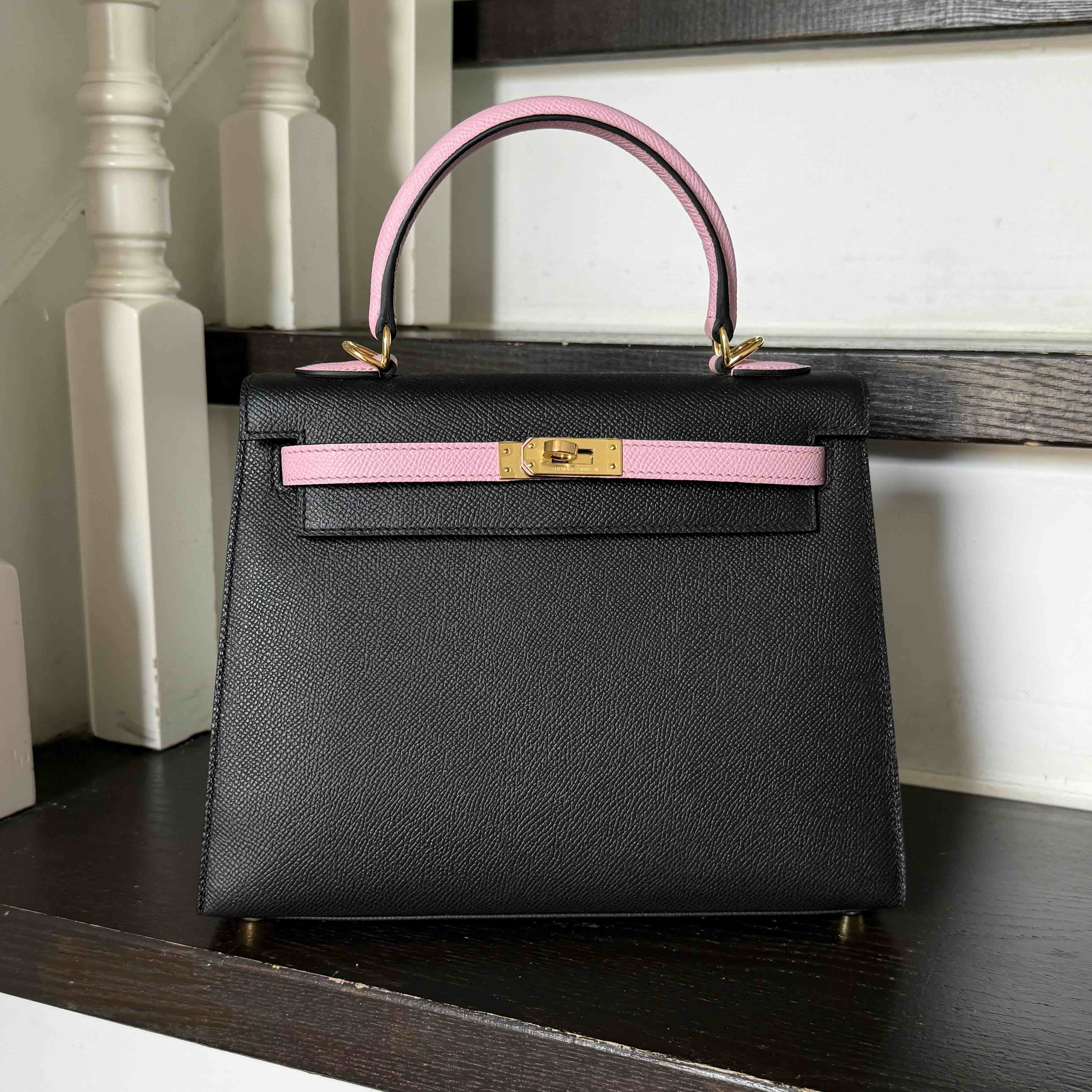 Hermès Kelly25 Epsom Noir x Rose Confetti x Gold hardwear
