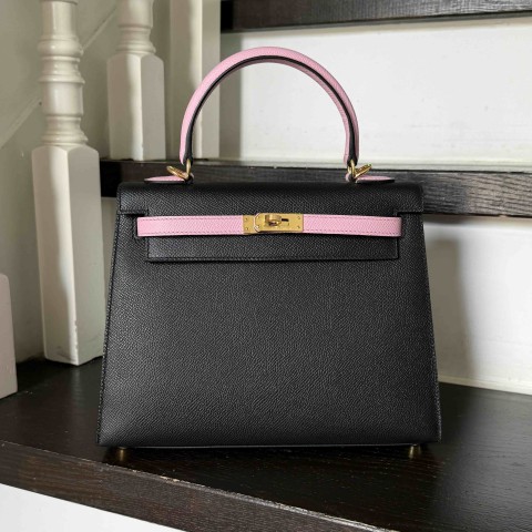 Hermès Kelly25 Epsom Noir x Rose Confetti x Gold hardwear