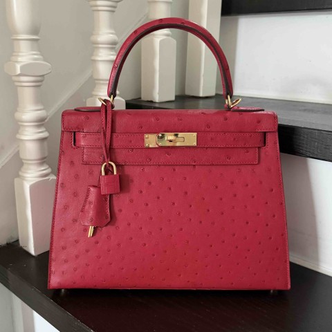 Hermès Kelly28 Sellier Ostrich Rouge Vif x Gold Hardware (HSS)
