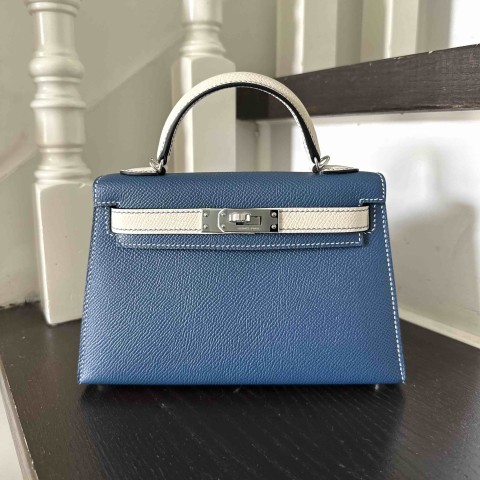 Hermès Mini Kelly II Sellier Bleu de Galice x Mushroom x PHW