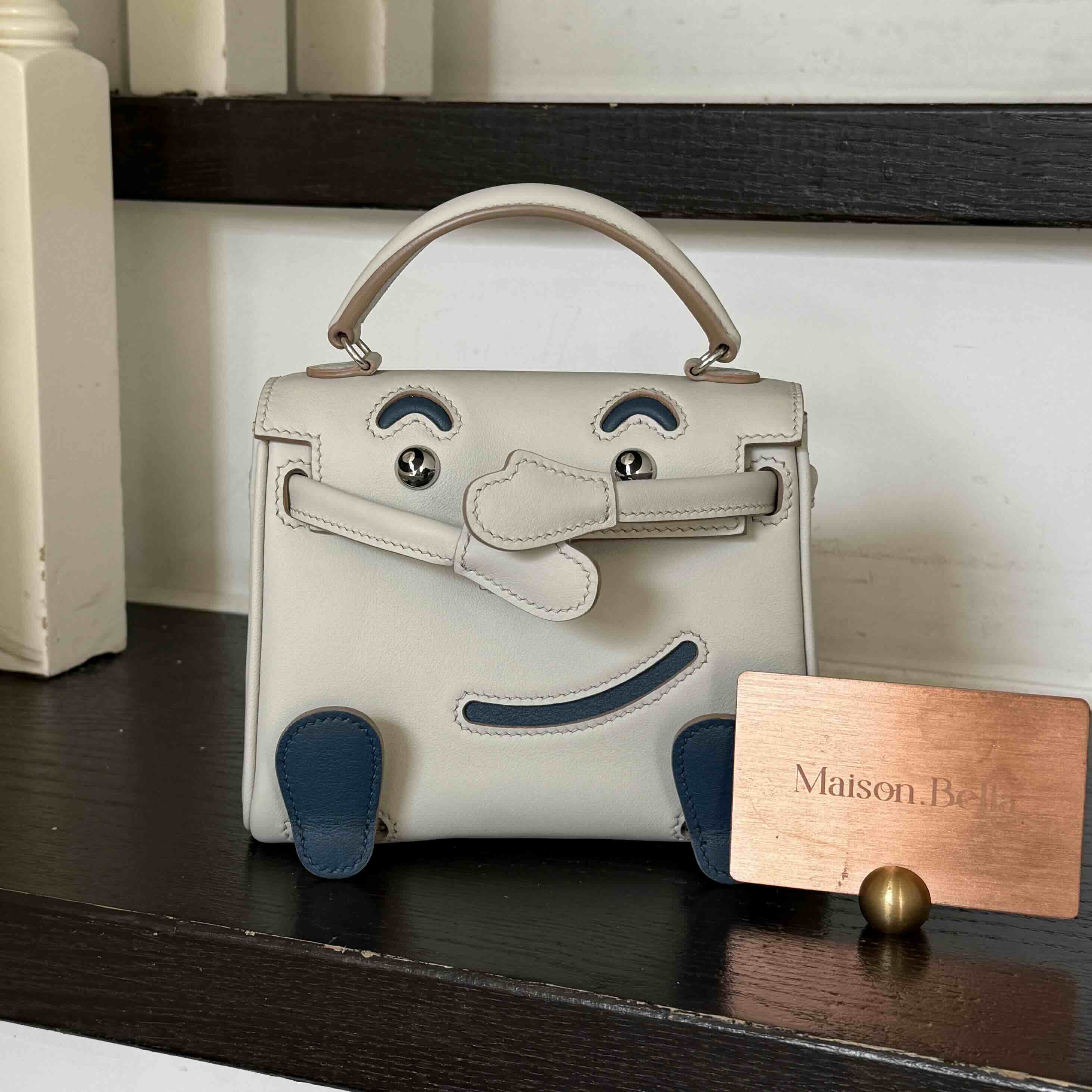 Hermès Kelly Doll Bag 20cm, Beton Swift Leather, Blue Jean Accents