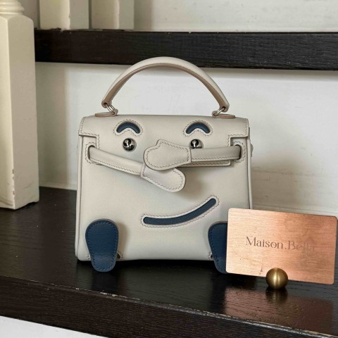 Hermès Kelly Doll Bag 20cm, Beton Swift Leather, Blue Jean Accents