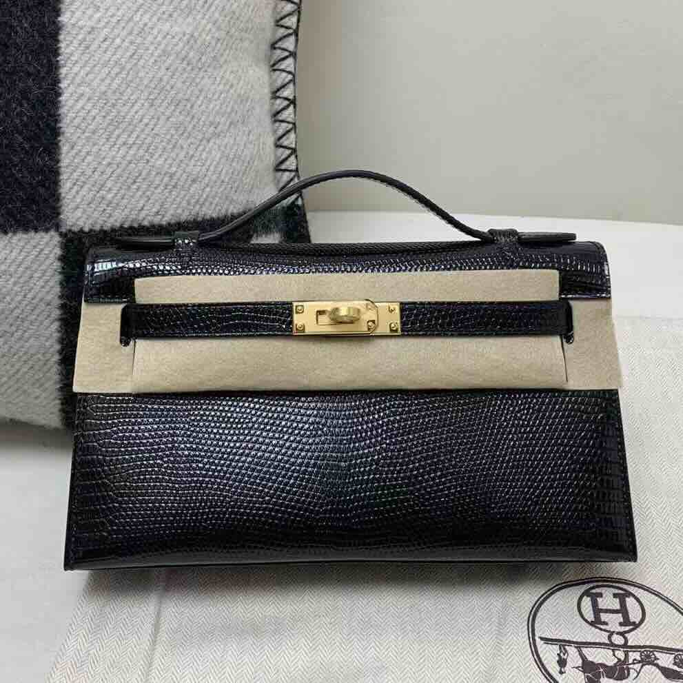 Hermès Kelly Pochette Lizard Noir x Gold Hardware