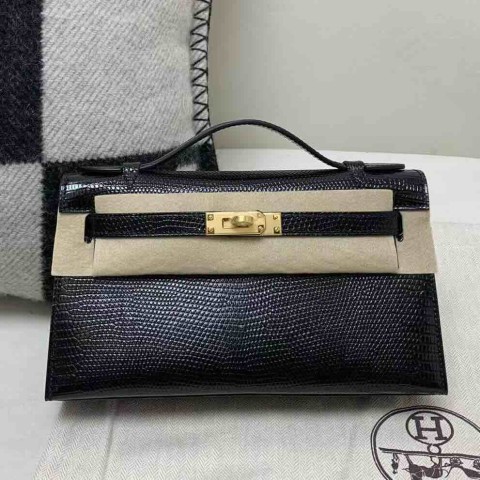 Hermès Kelly Pochette Lizard Noir x Gold Hardware