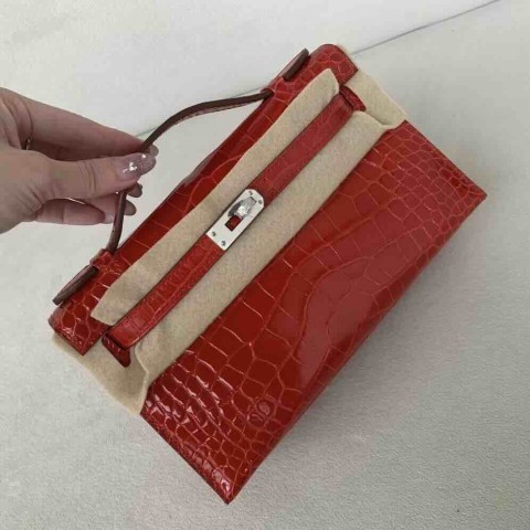 Hermès Mini Kelly I Shiny Alligator Rouge Ferrari with Palladium Hardware