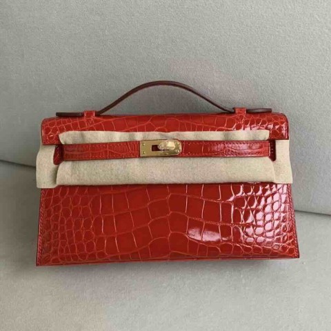 Hermès Mini Kelly I Shiny Alligator Rouge Ferrari with Gold Hardware