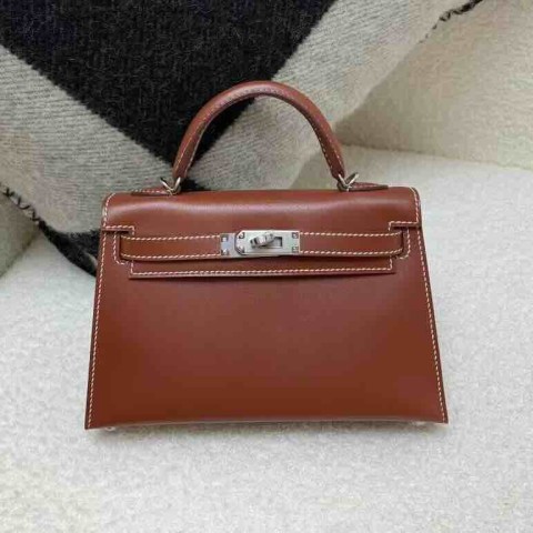 Hermès Mini Kelly II Box Leather Brick Red with Palladium Hardware