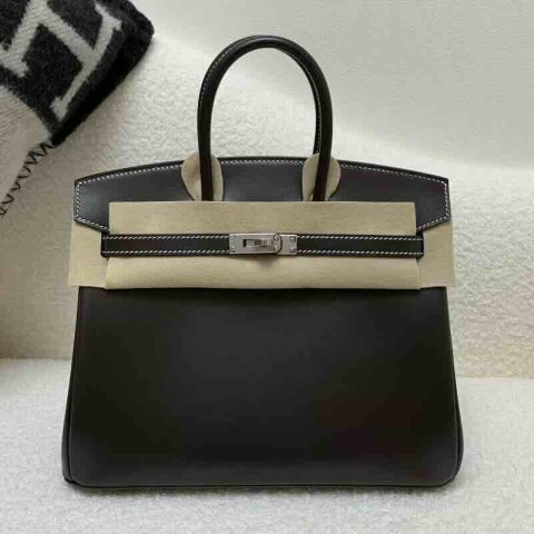 Hermès Birkin 25 Box Calf Noir with White Stitch x Palladium Hardware