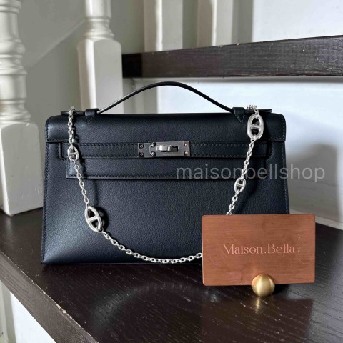 Hermès Kelly Pochette Swift Noir x Palladium Hardware